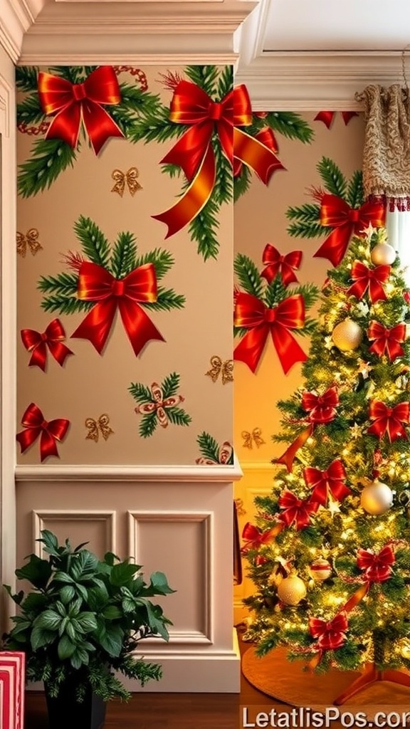 A room with Christmas wallpaper featuring bows, decorated for the holiday season.